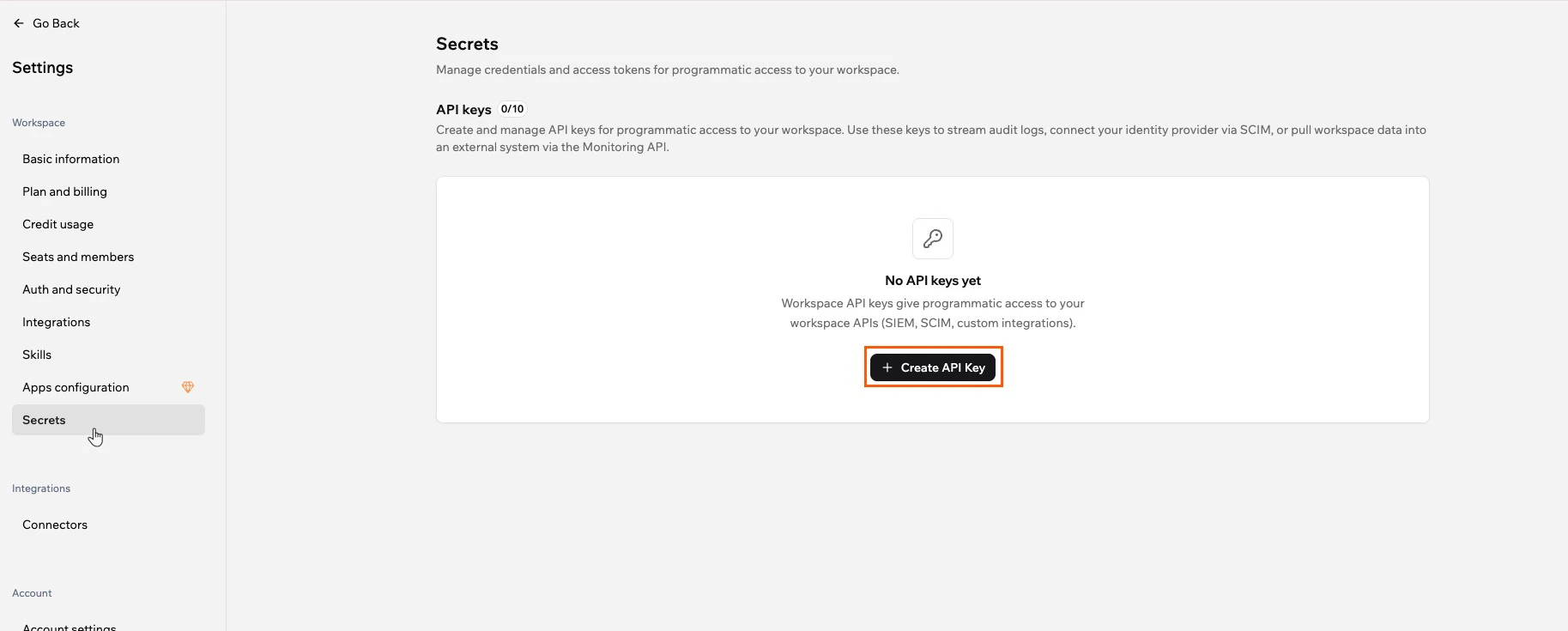 Creating an API key for your workspace