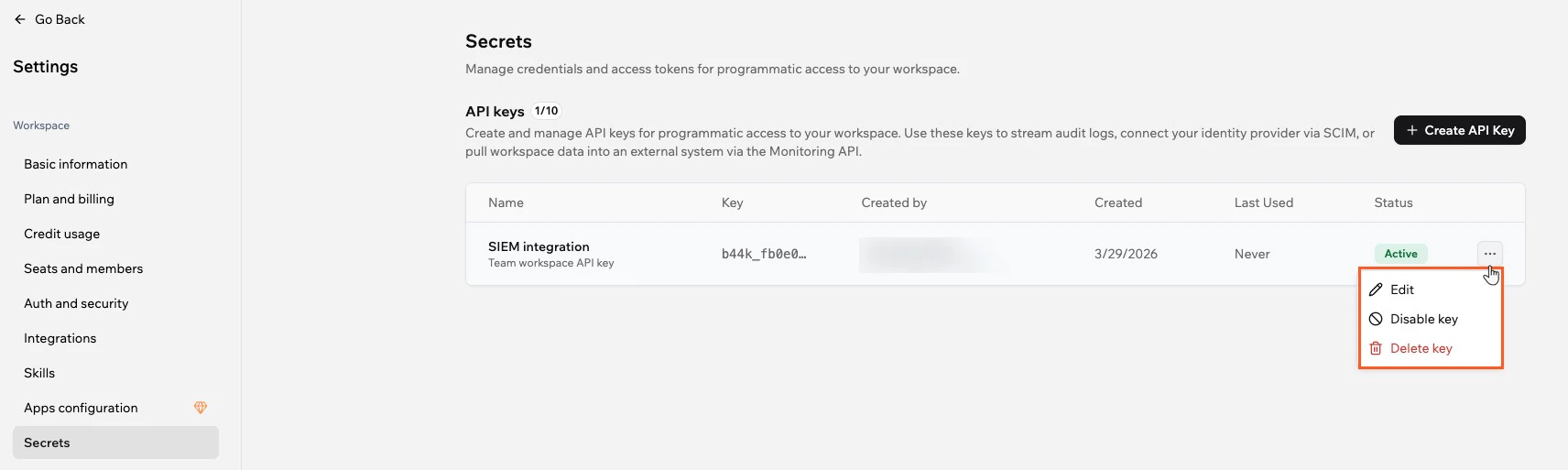 Managing your workspace API keys
