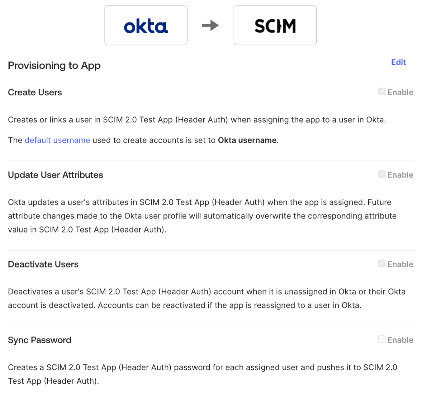 Okta provisioning settings showing create, update, and deactivate toggles