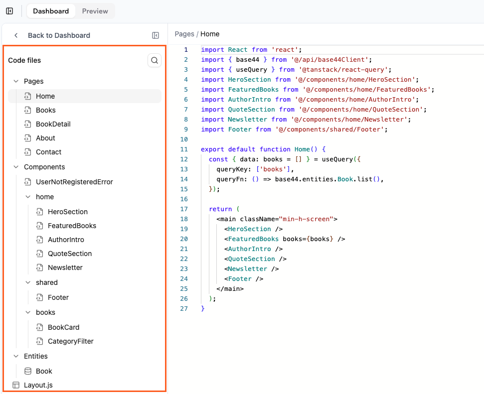 Viewing and navigating your app's code files