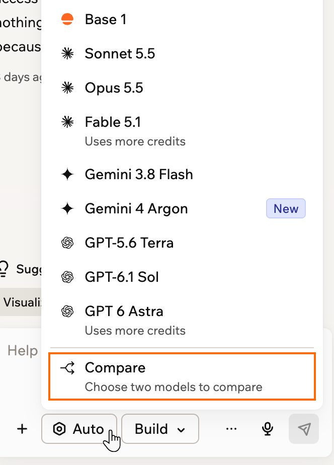 The model picker with Compare outlined below the model list