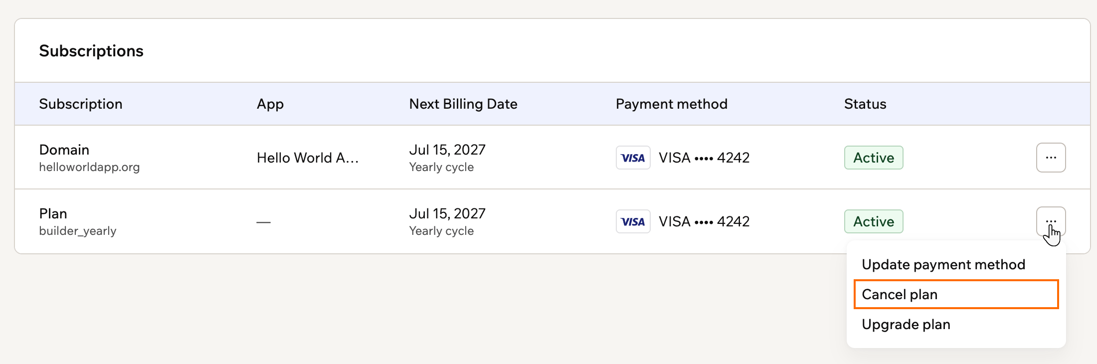 A screenshot of the plan's More actions menu in the Subscriptions table, with Cancel plan outlined