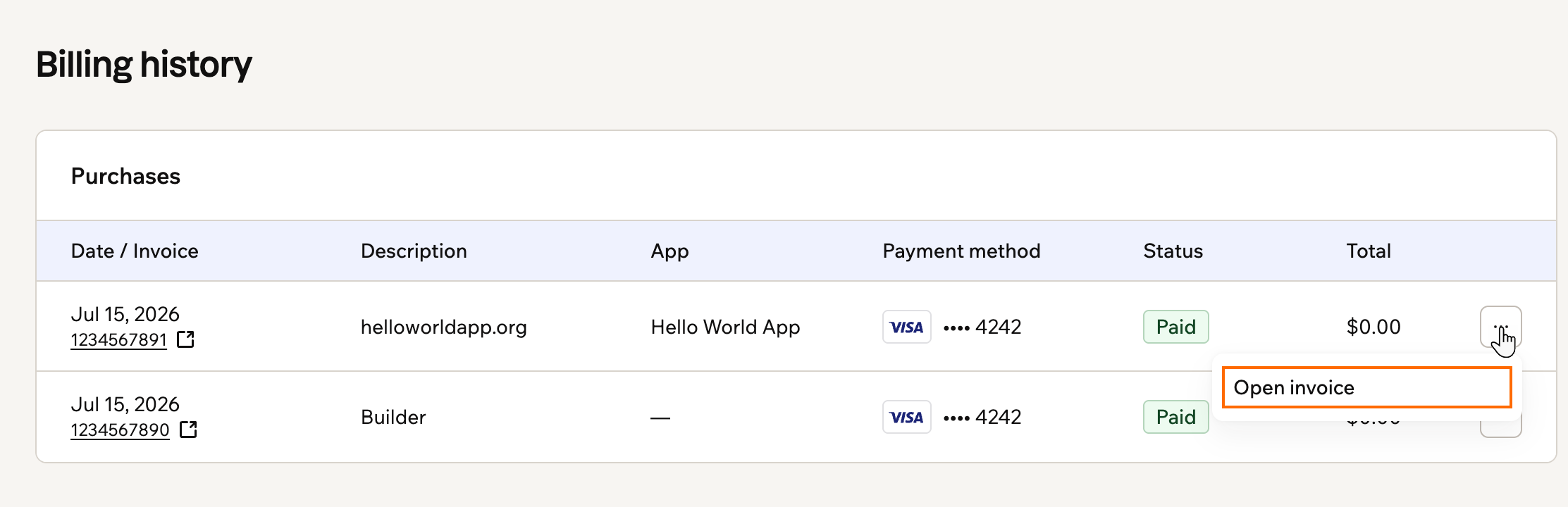 A screenshot of the Billing history page with an invoice's More actions menu open and Open invoice outlined