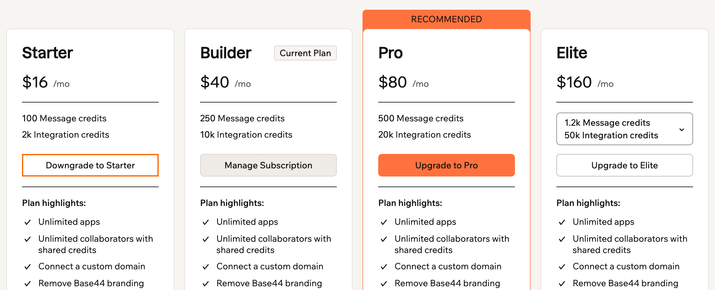 A screenshot of the plan cards with Builder marked Current Plan and the Downgrade to Starter button outlined