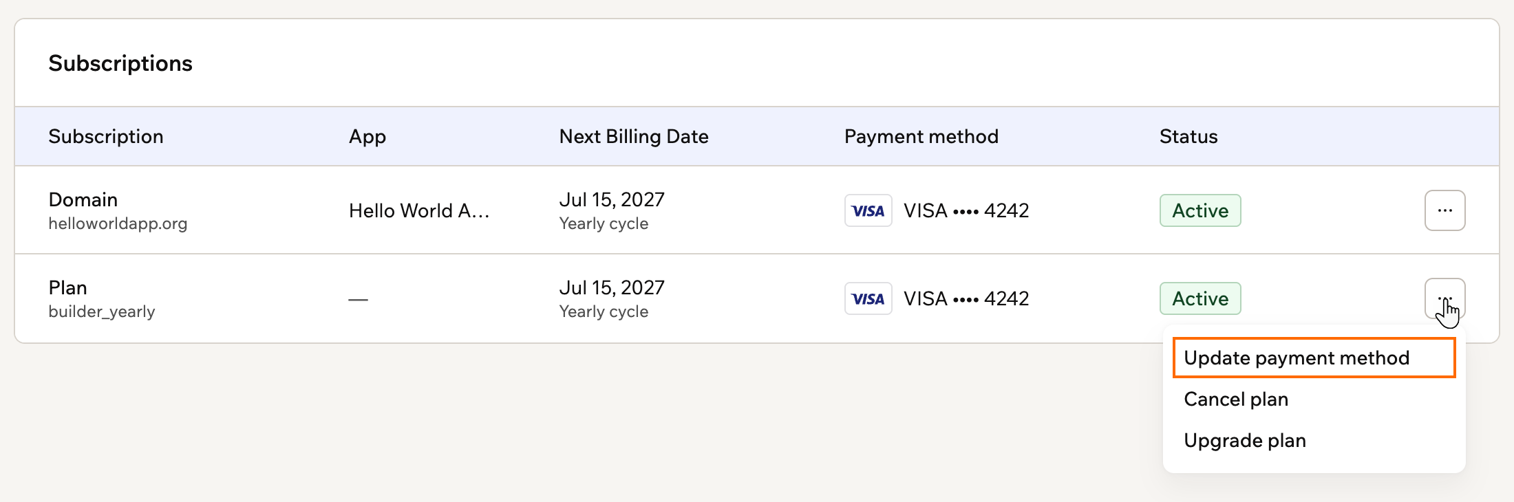 A screenshot of the plan's More actions menu in the Subscriptions table, with Update payment method outlined