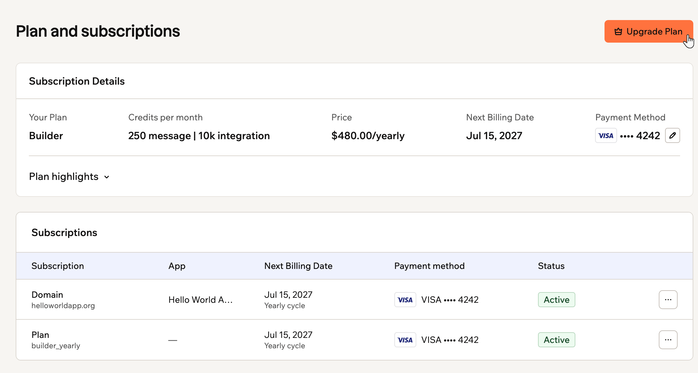 A screenshot of the Plan and subscriptions page showing the subscription details and Subscriptions table, with the cursor on the Upgrade Plan button