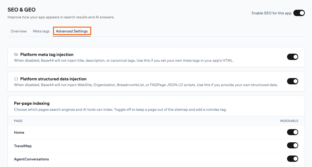 Advanced settings for SEO and GEO