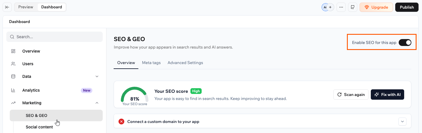 The Enable SEO toggle on the SEO & GEO page