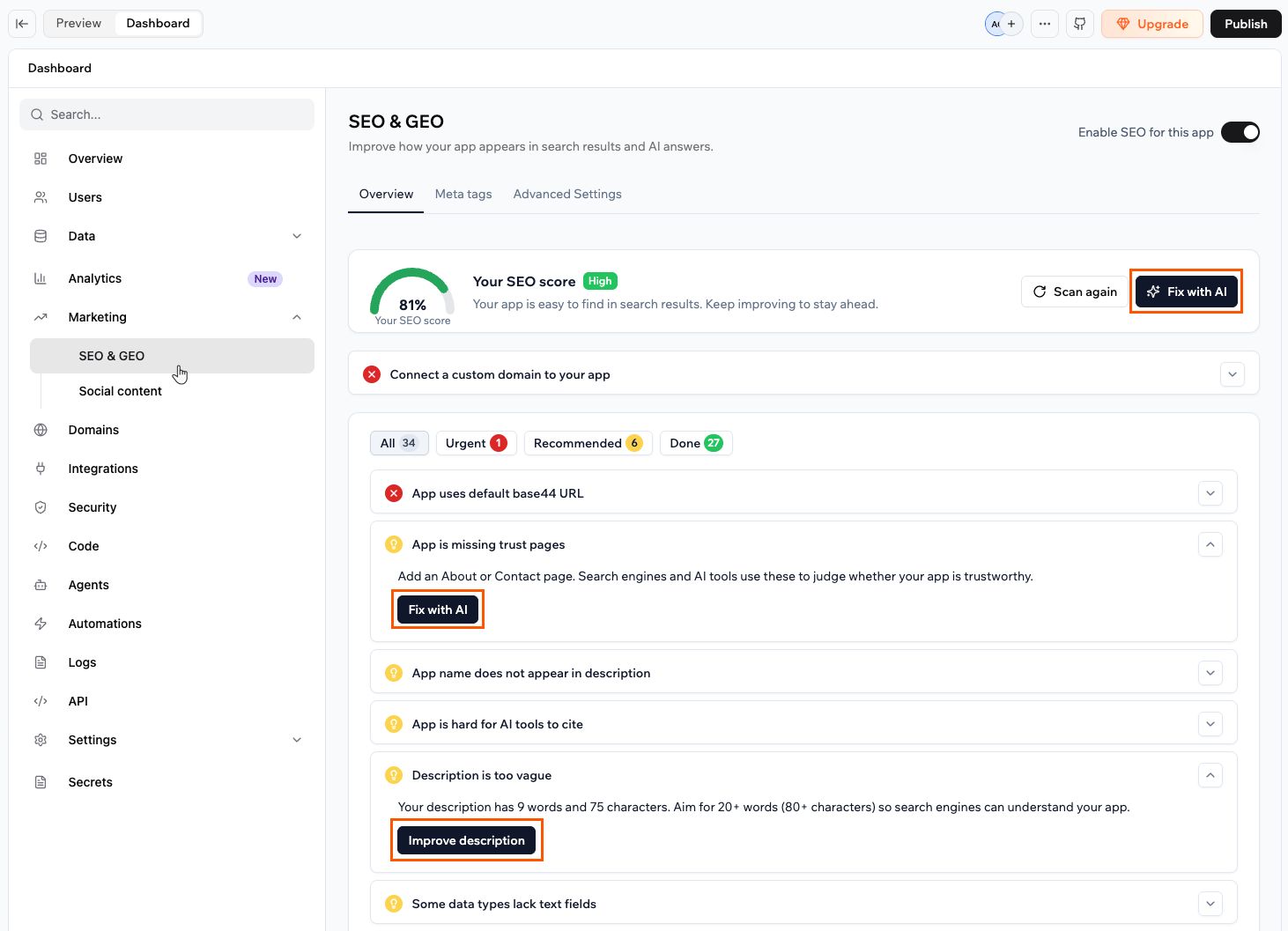 Fixing issues in the SEO and GEO checklist