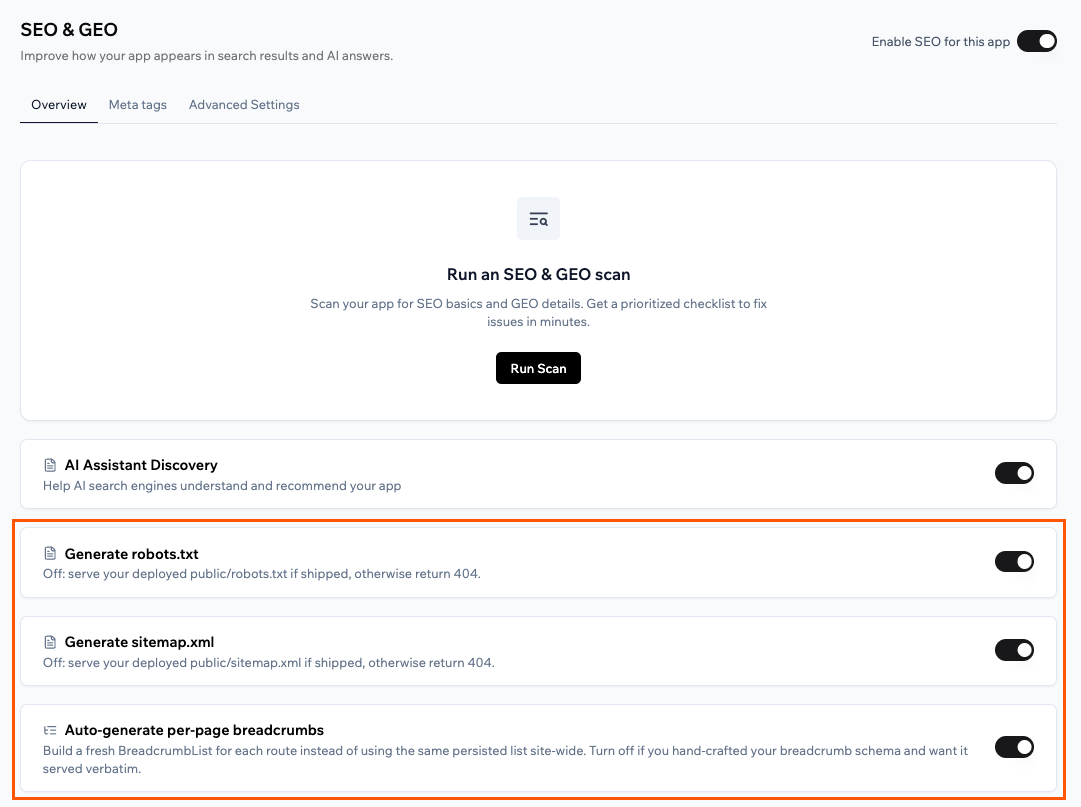 SEO file settings