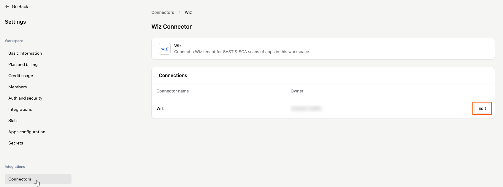 The Wiz Connector page with the Edit button on the connection