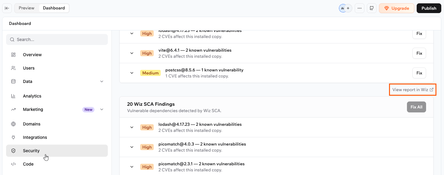 The View report in Wiz link above the Wiz findings on the Security tab