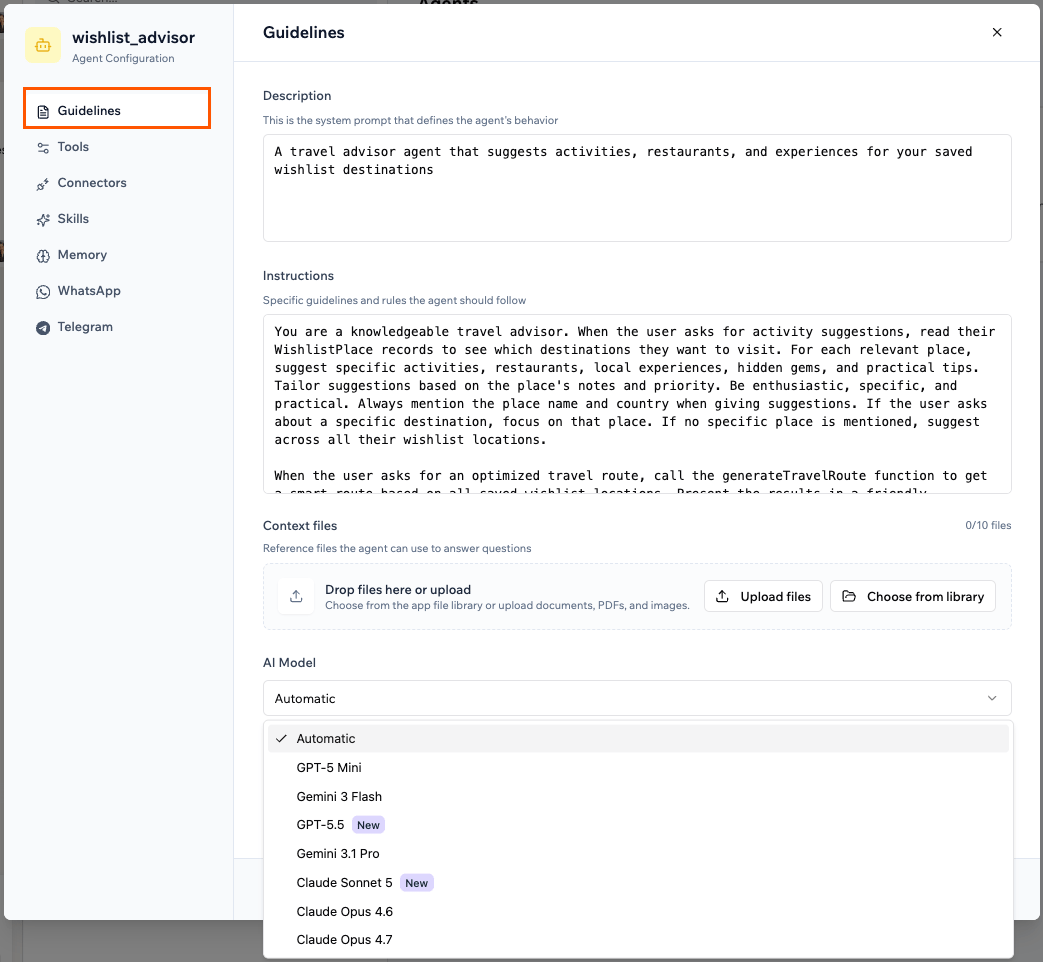 Configuring the description, instructions and AI model for your agent