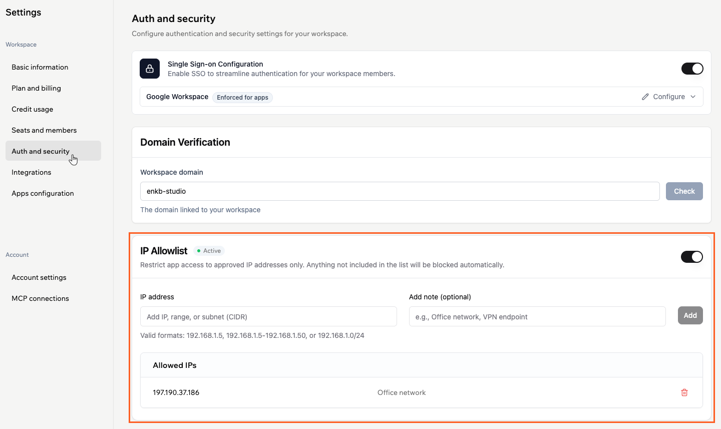 Adding IP allowlist in your workspace