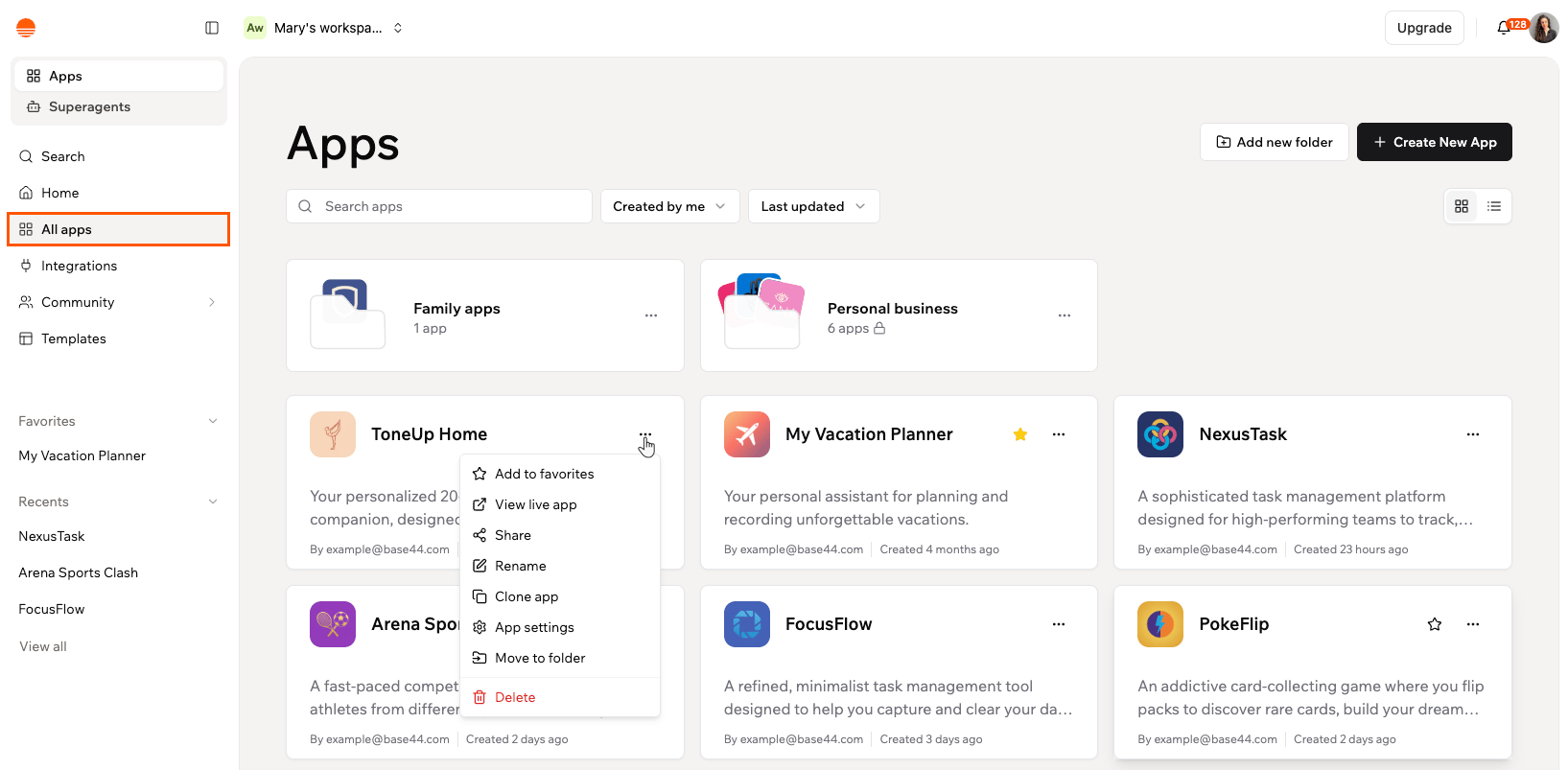 In App My Workspace Examples Managing your workspace apps - Base44 Support Documentation