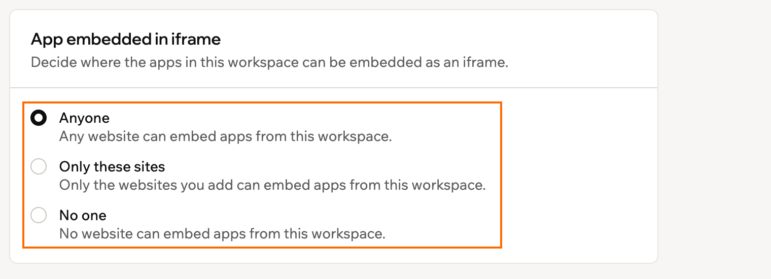 A screenshot of the App embedded in iframe card, with the Anyone, Only these sites, and No one options outlined
