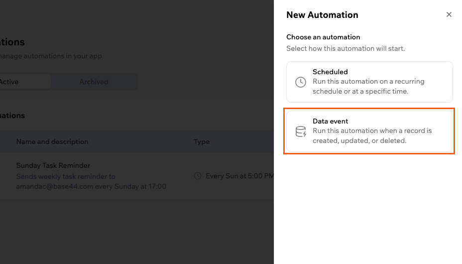Setting up a new data event automation from your app's dashboaard