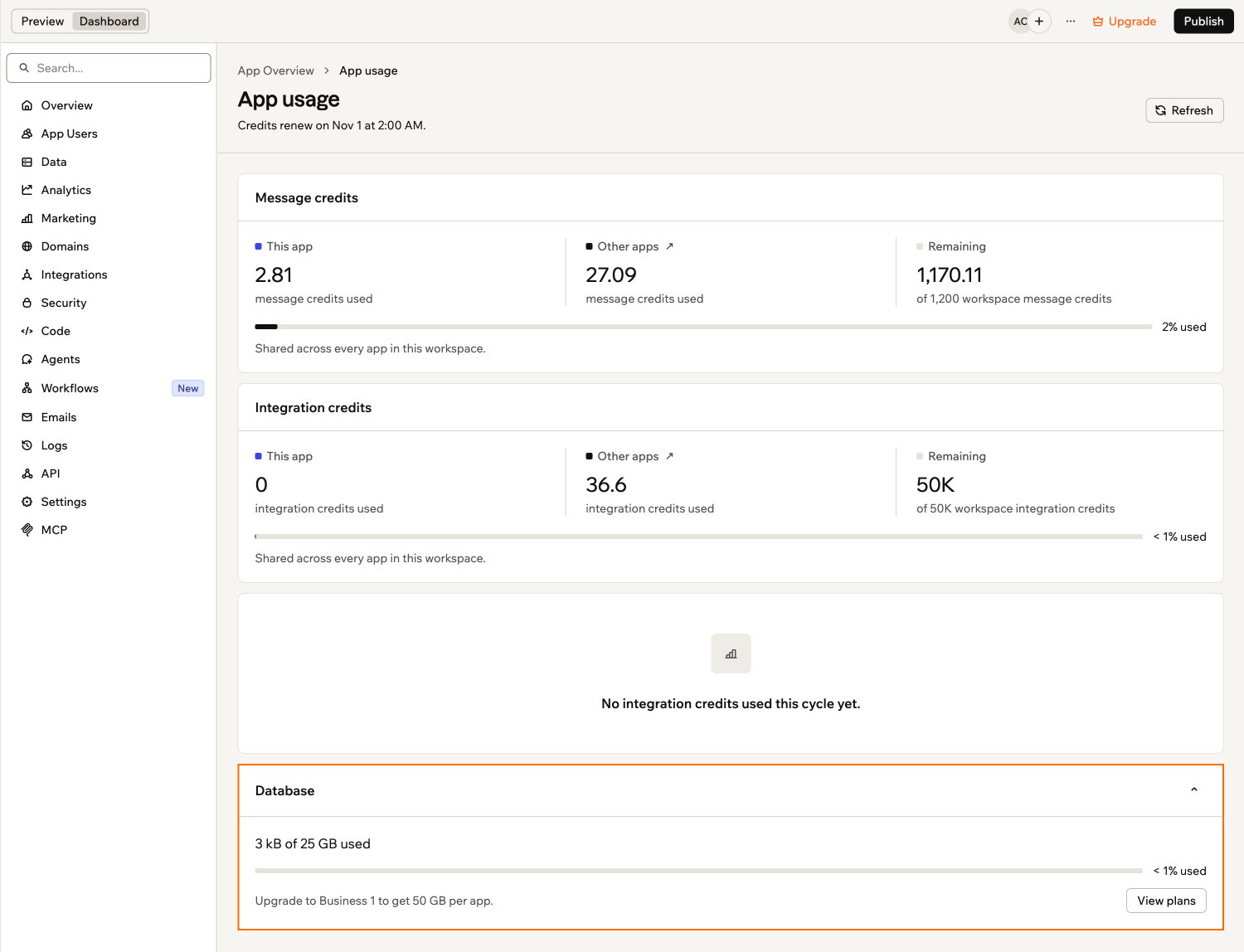 A screenshot of the App usage page in the app dashboard with the Database card outlined, showing 3 kB of 25 GB used