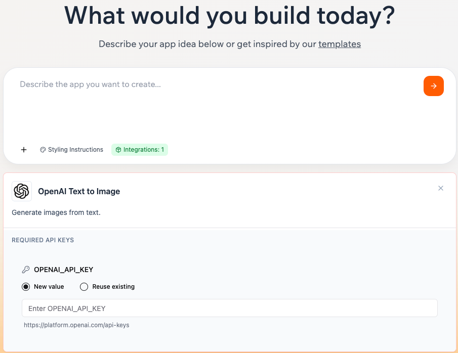 A screenshot of building an app with an integration at the very first prompt..