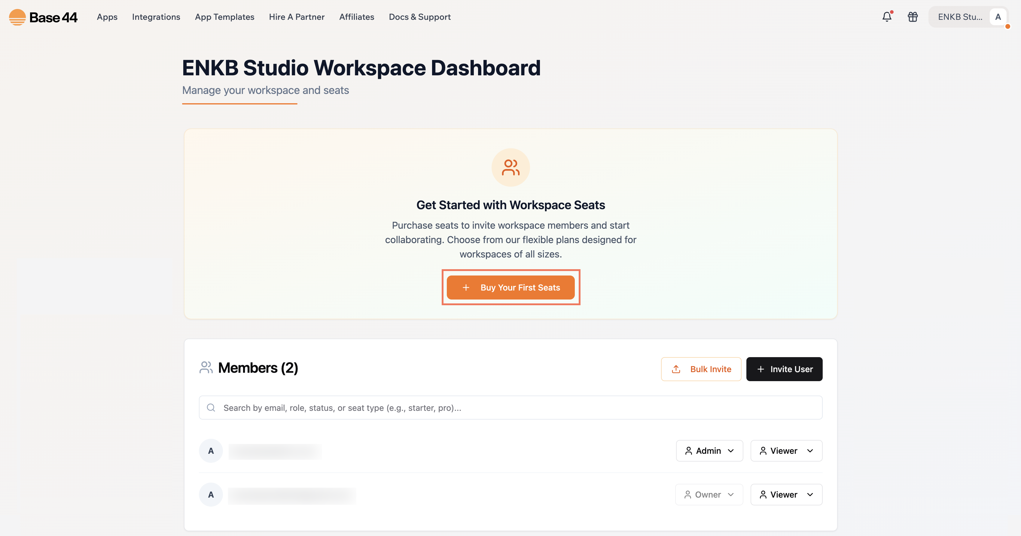 Purchasing seats for your workspace in Base44