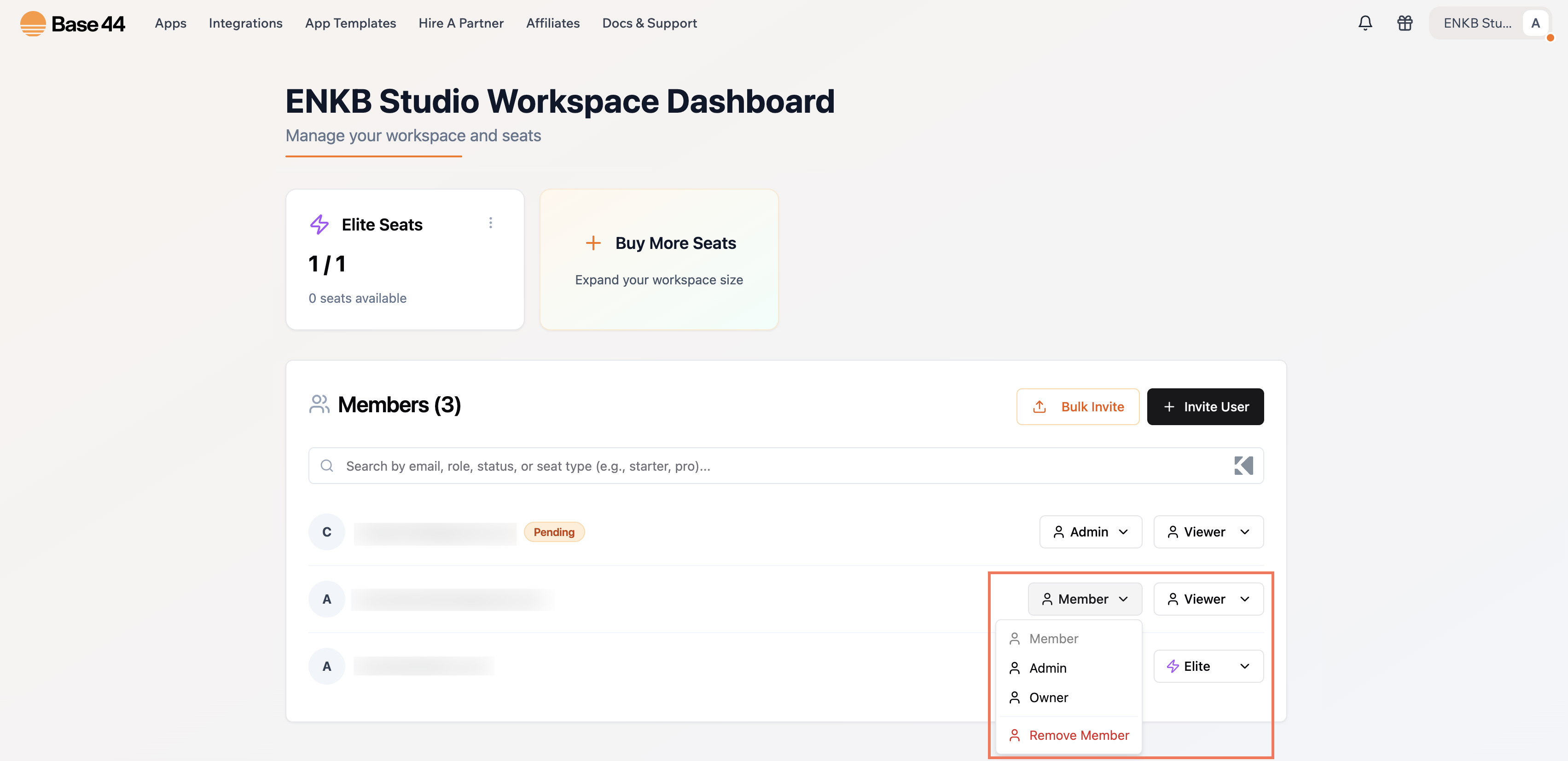 Updating a member's role and seat in Base44