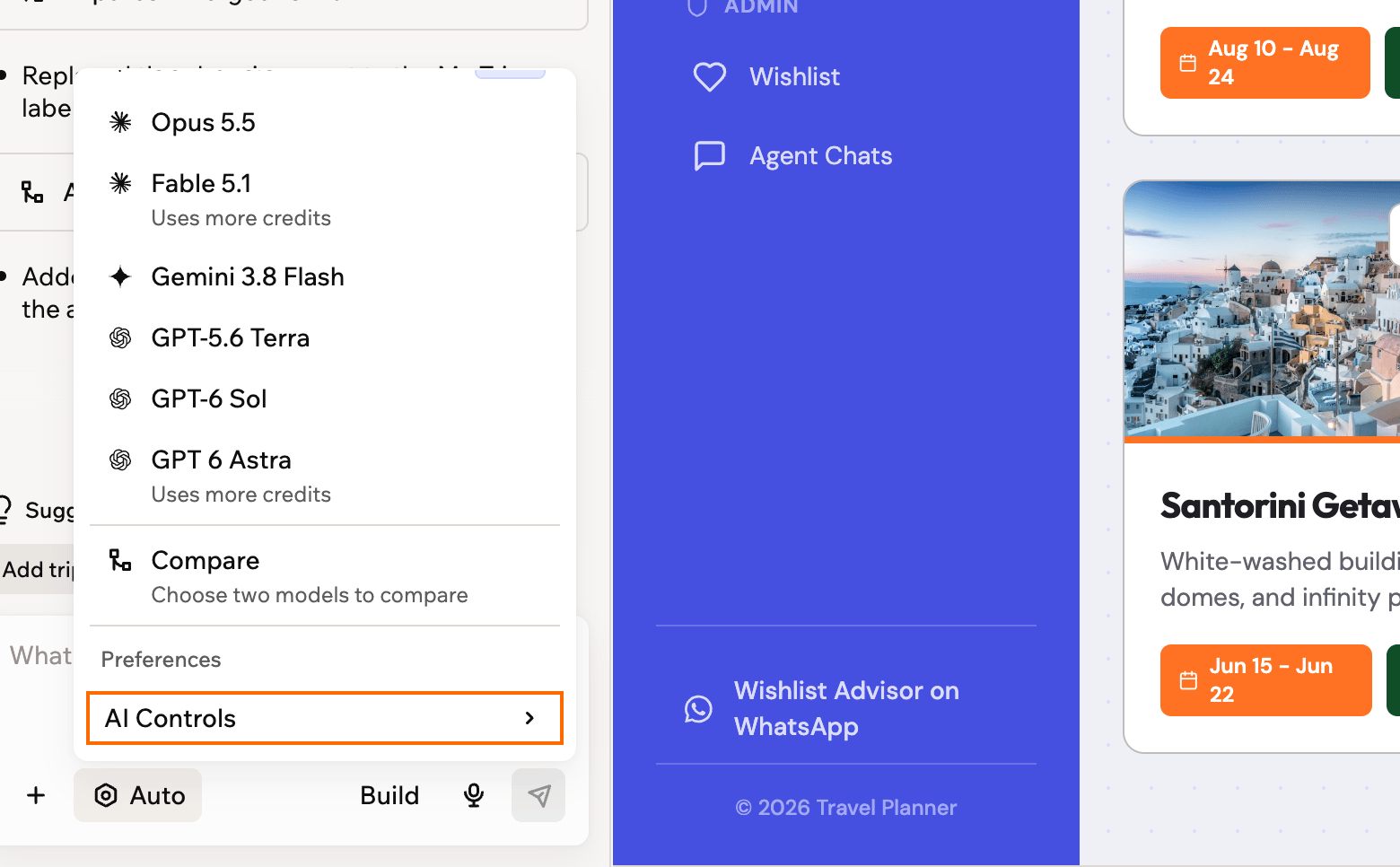 Uno screenshot del menu del modello scorso fino a Preferences, con AI Controls sotto l'elenco dei modelli