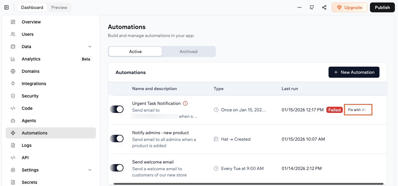 Creating automations for your app - Base44 Support Documentation