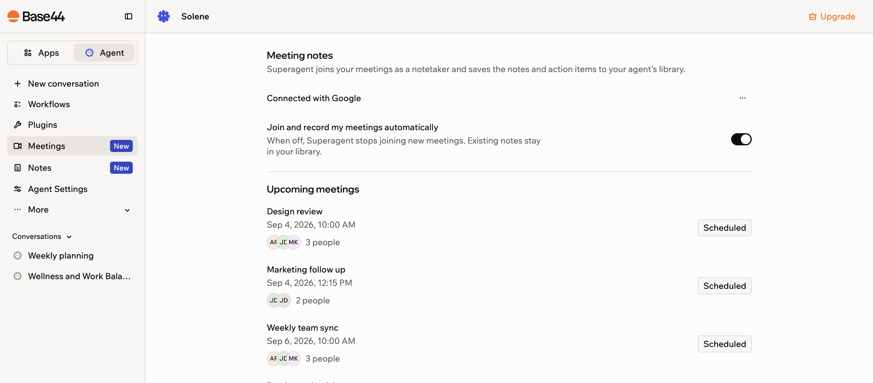 Uno screenshot del pannello Meetings con l'elenco delle prossime riunioni che il tuo Superagent registrerà
