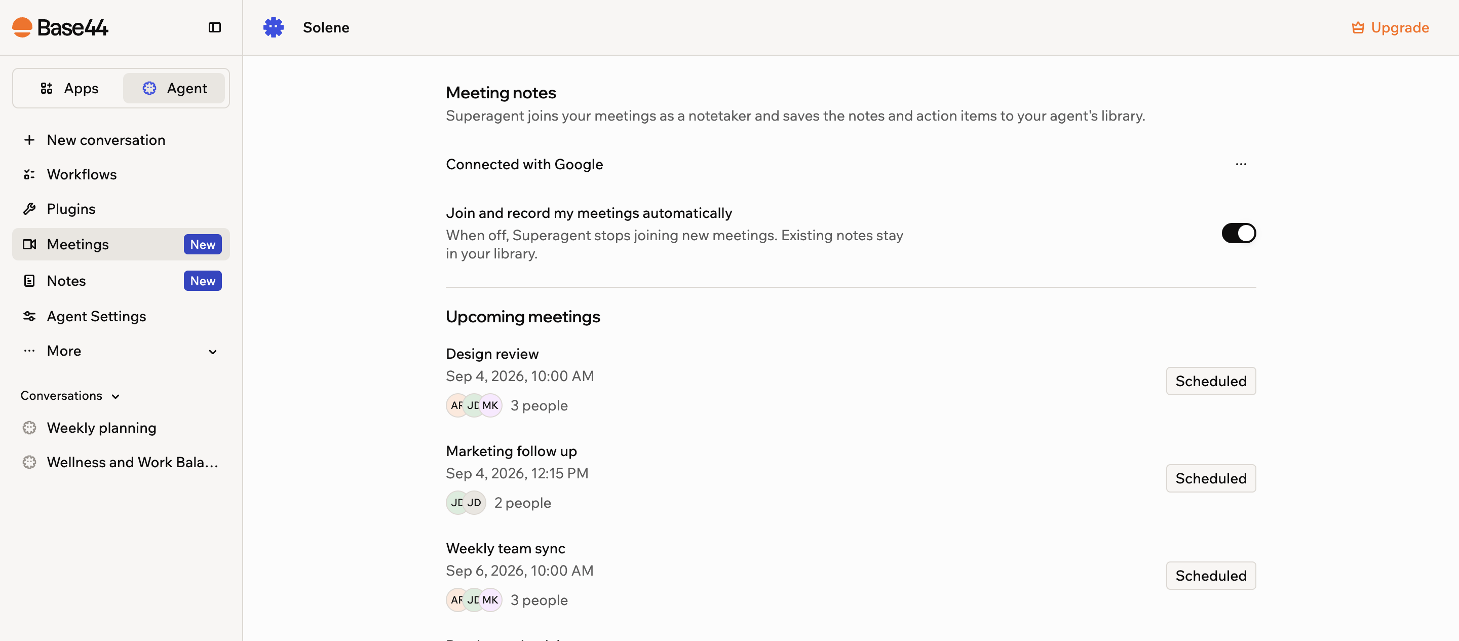 Uno screenshot del pannello Meetings con l'elenco delle prossime riunioni che il tuo Superagent registrerà