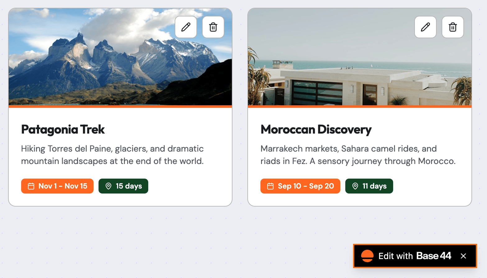 A screenshot of a live app with the Edit with Base44 badge outlined in the bottom-right corner