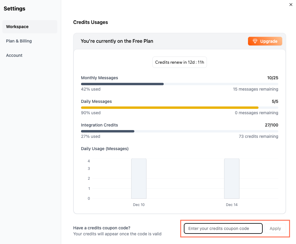 Entering a credits coupon code in the Workspace Settings.