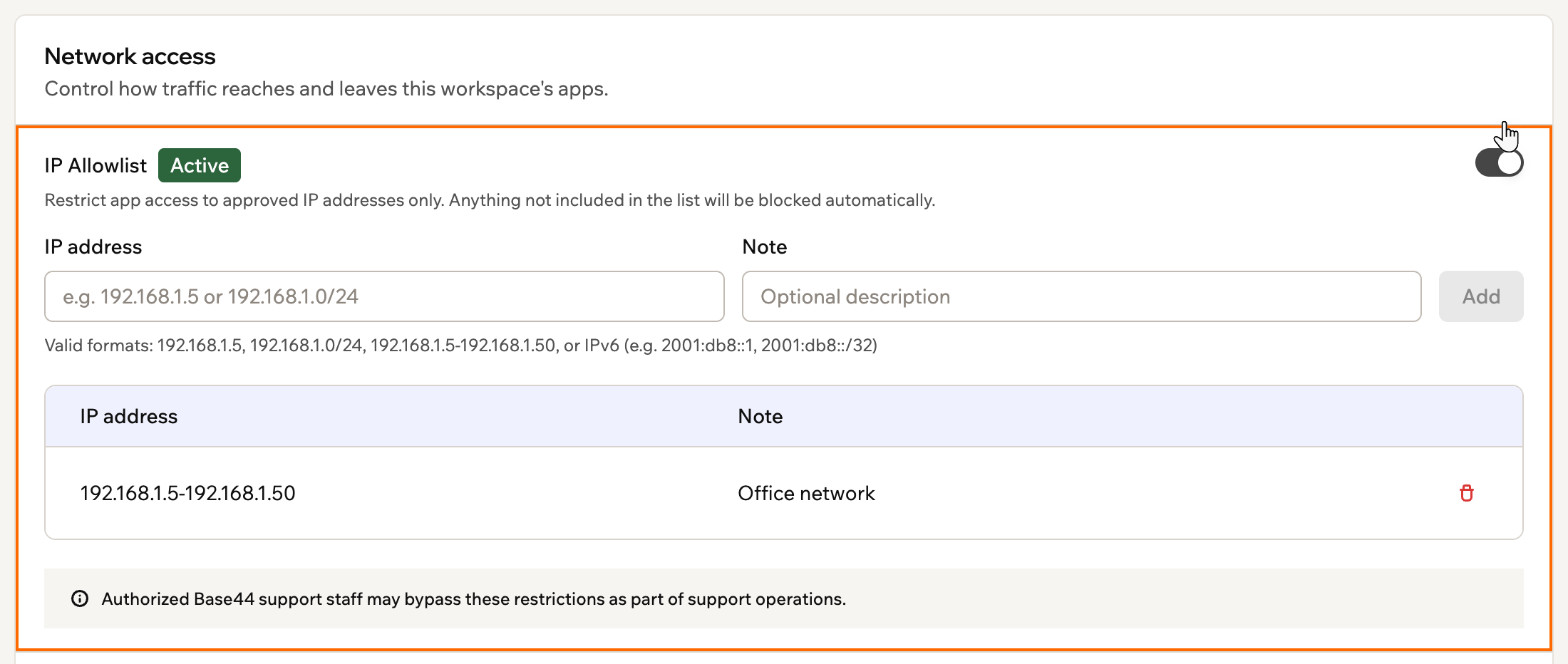 La lista Inbound IP allowlist en Network access dentro de la configuración de Governance