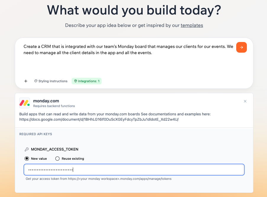 Adding an integration to your first prompt, from the Intagration Catalog in Base44 Adding an integration to your first prompt, from the Intagration Catalog in Base44