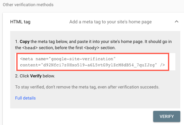Copying the HTML verification tag in Google Search Console Google Search Console HTML tag verification option