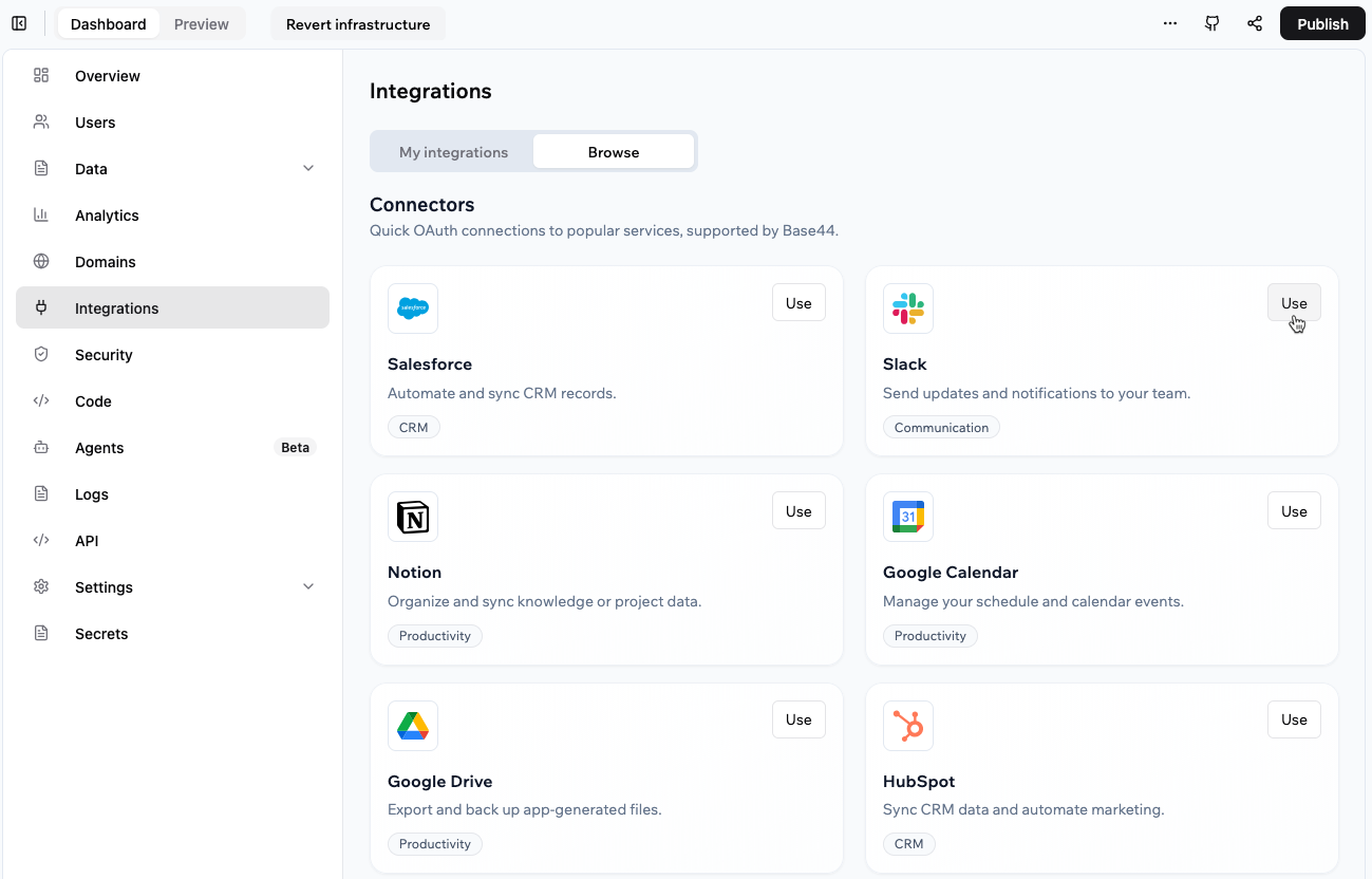 App dashboard showing the Integrations page with the Browse tab selected, listing connectors like Google Calendar, Google Drive, Slack, Notion, Salesforce, and HubSpot.