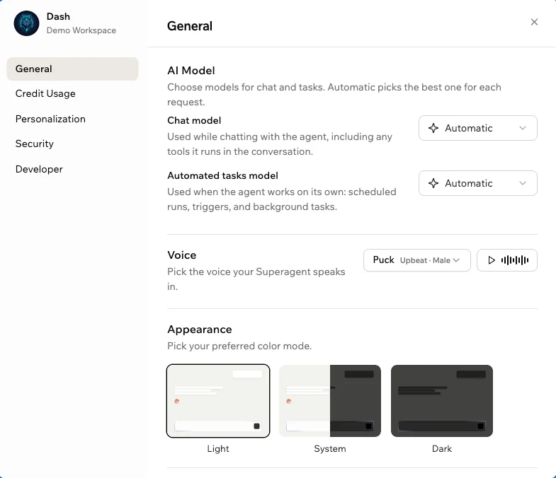 Customize tab in Superagents showing the general tab options and additional Superagent options to customizepersonalization, security, and developer settings