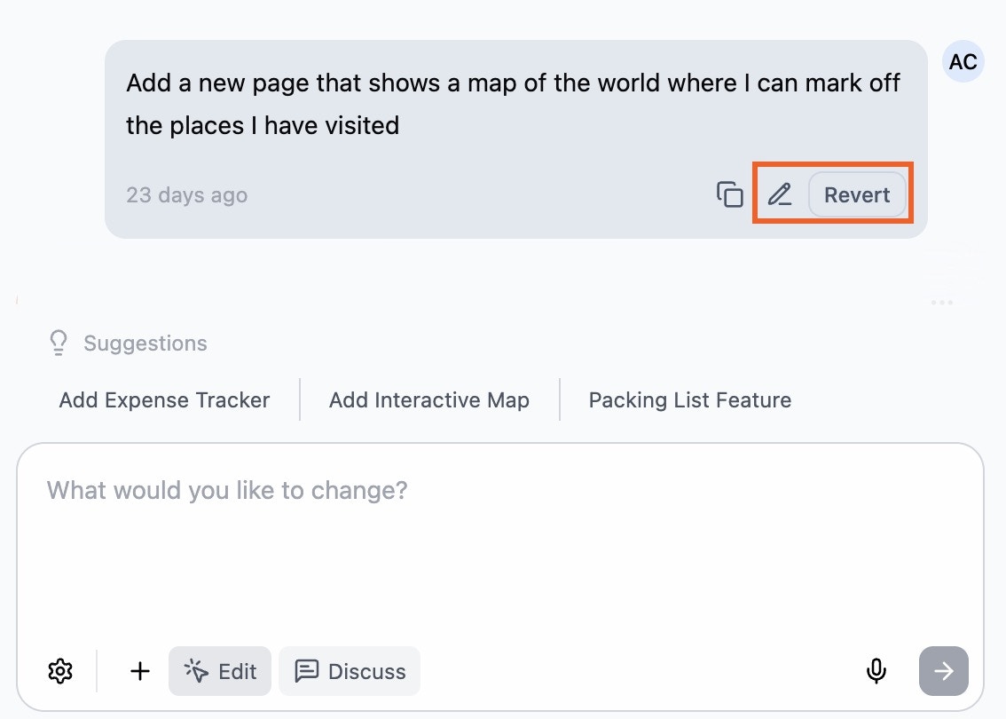 Revert and edit options under a message in the Base44 AI chat.