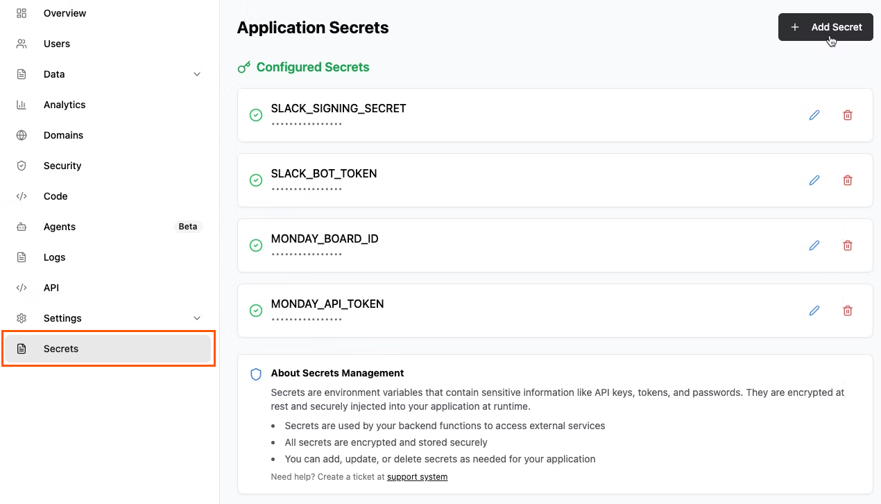 Adding secrets in the app dashboard of Base44