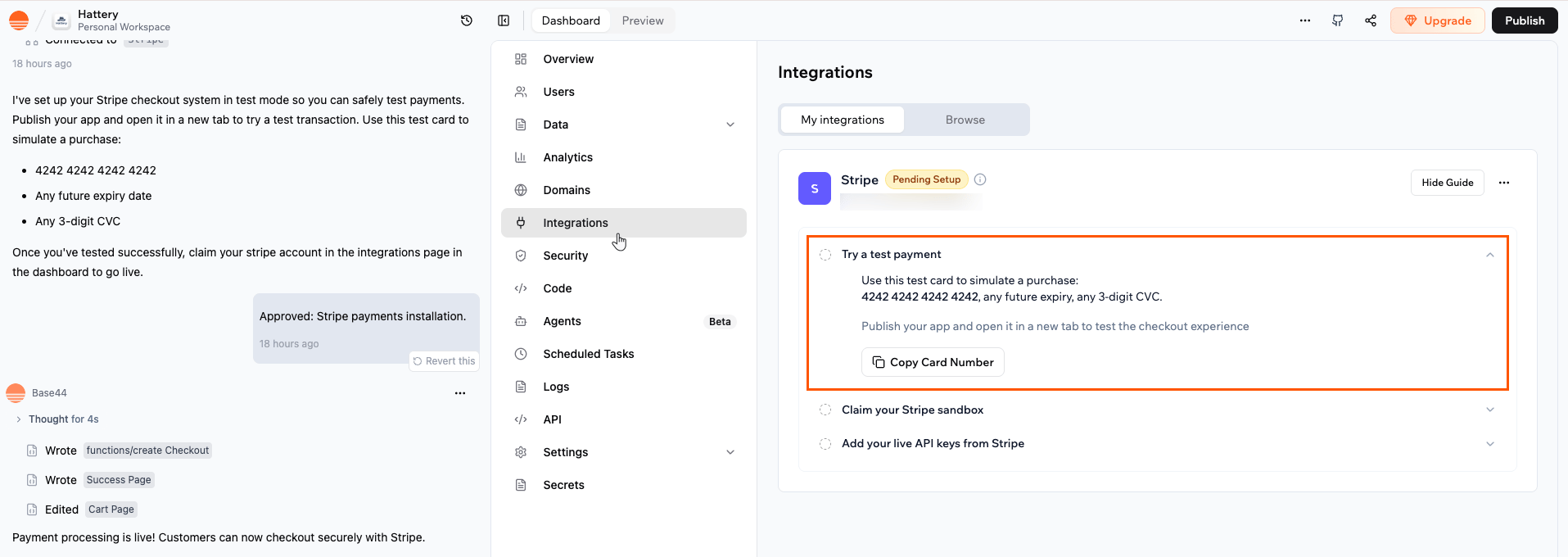 Base44 で Stripe を使用してチェックアウトフローをテストする