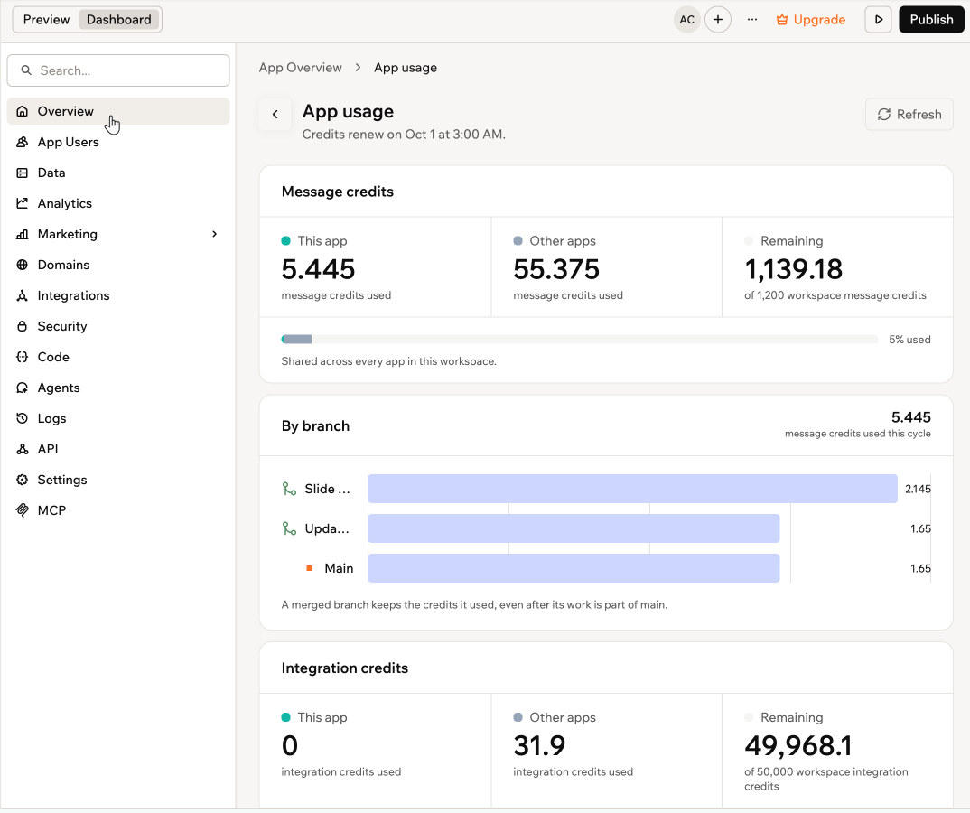 App usage page showing message credits, the By branch card, and integration credits