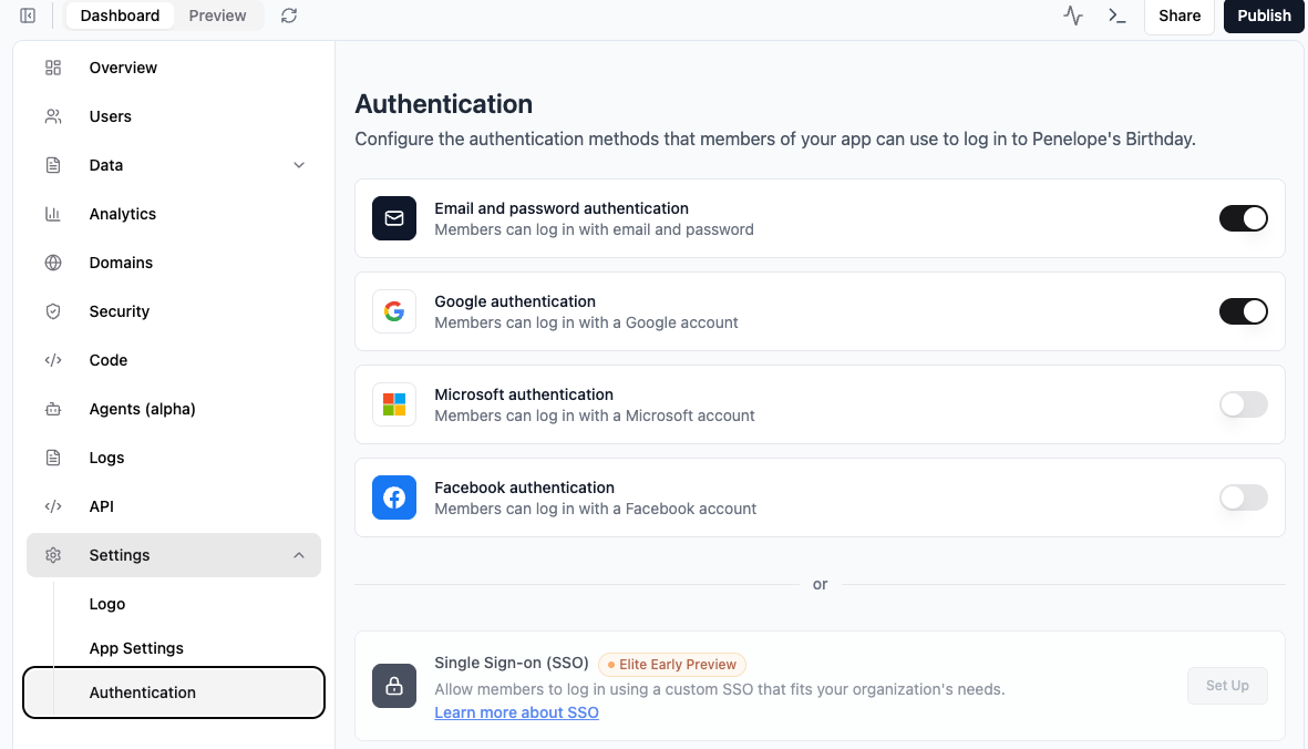 Authentication tab in the app's Dashboard.