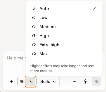 The effort button outlined next to the model picker in the AI chat, with the effort menu open listing Auto, Low, Medium, High, Extra high, and Max