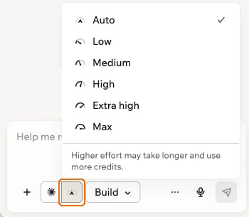 The effort button outlined next to the model picker in the AI chat, with the effort menu open listing Auto, Low, Medium, High, Extra high, and Max