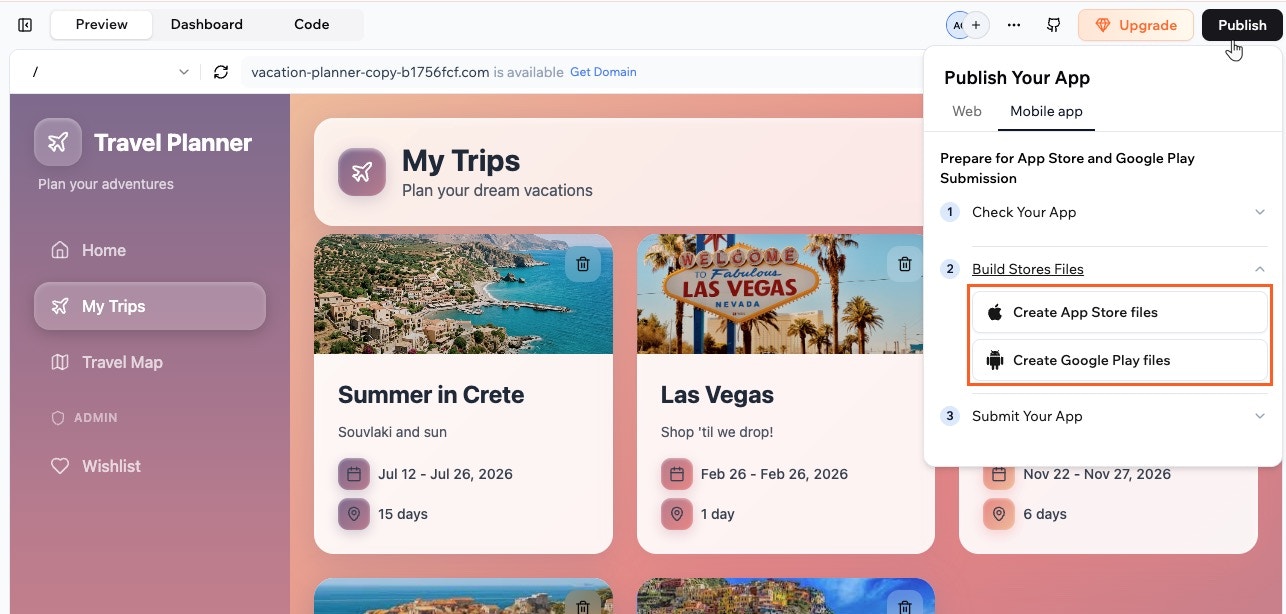 Creating App Store and Google Play files from the Mobile app tab The Mobile app tab with Build Stores Files expanded and buttons to Create App Store files and Create Google Play files