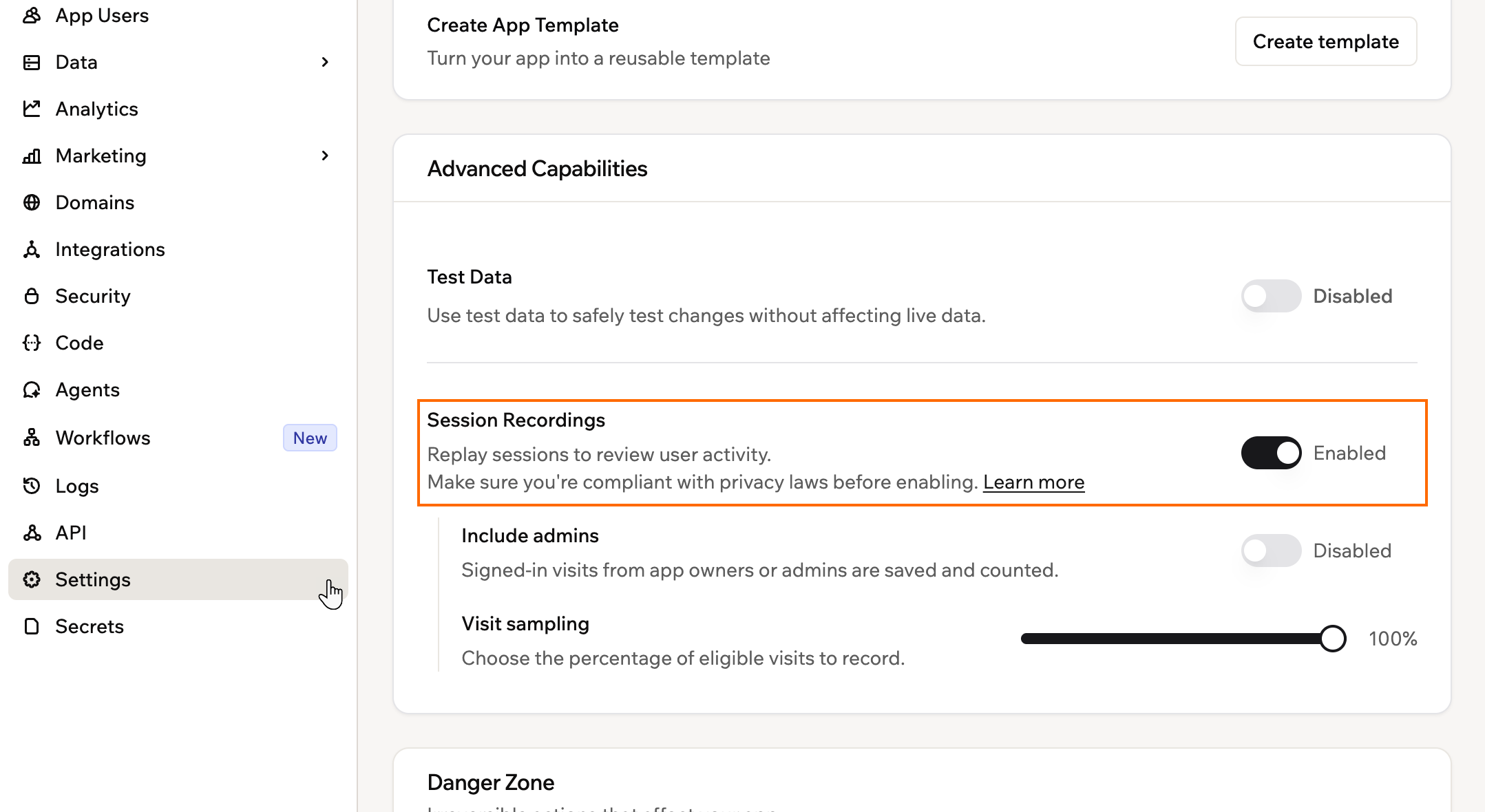 A screenshot of App settings with the Session Recordings toggle outlined