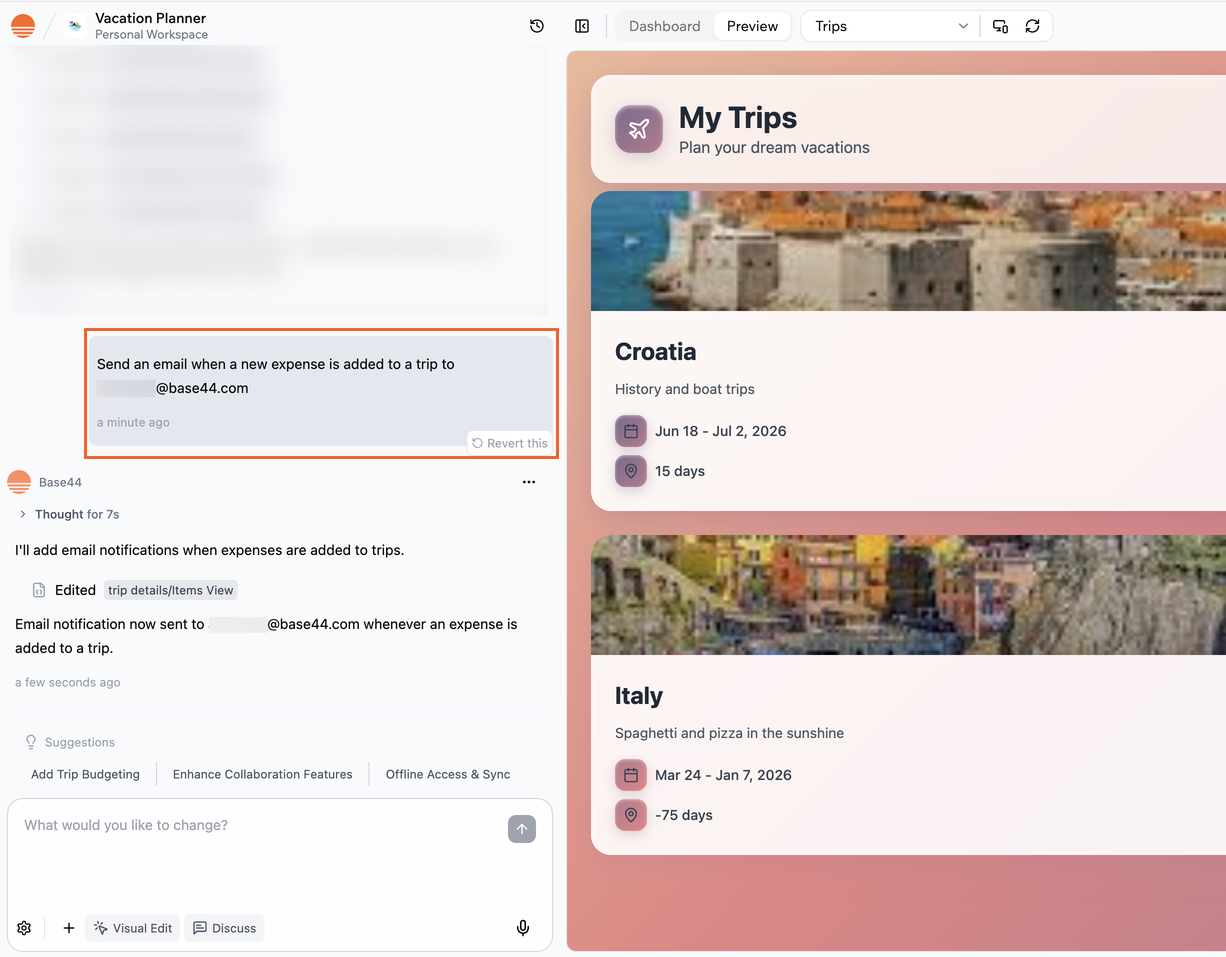 Asking the AI chat to set up emails from your app