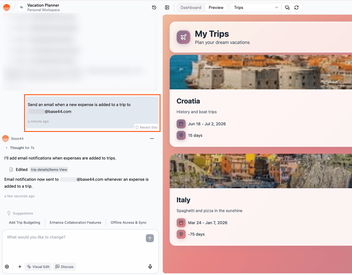 Asking the AI chat to set up emails from your app