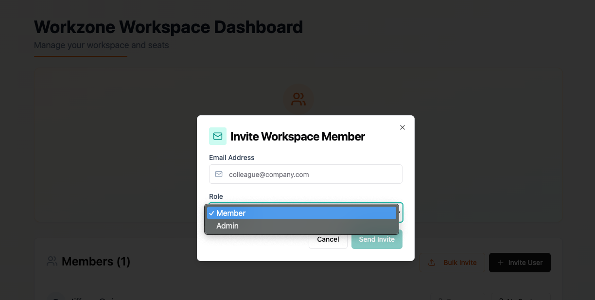 Selecting a role when inviting a new member
