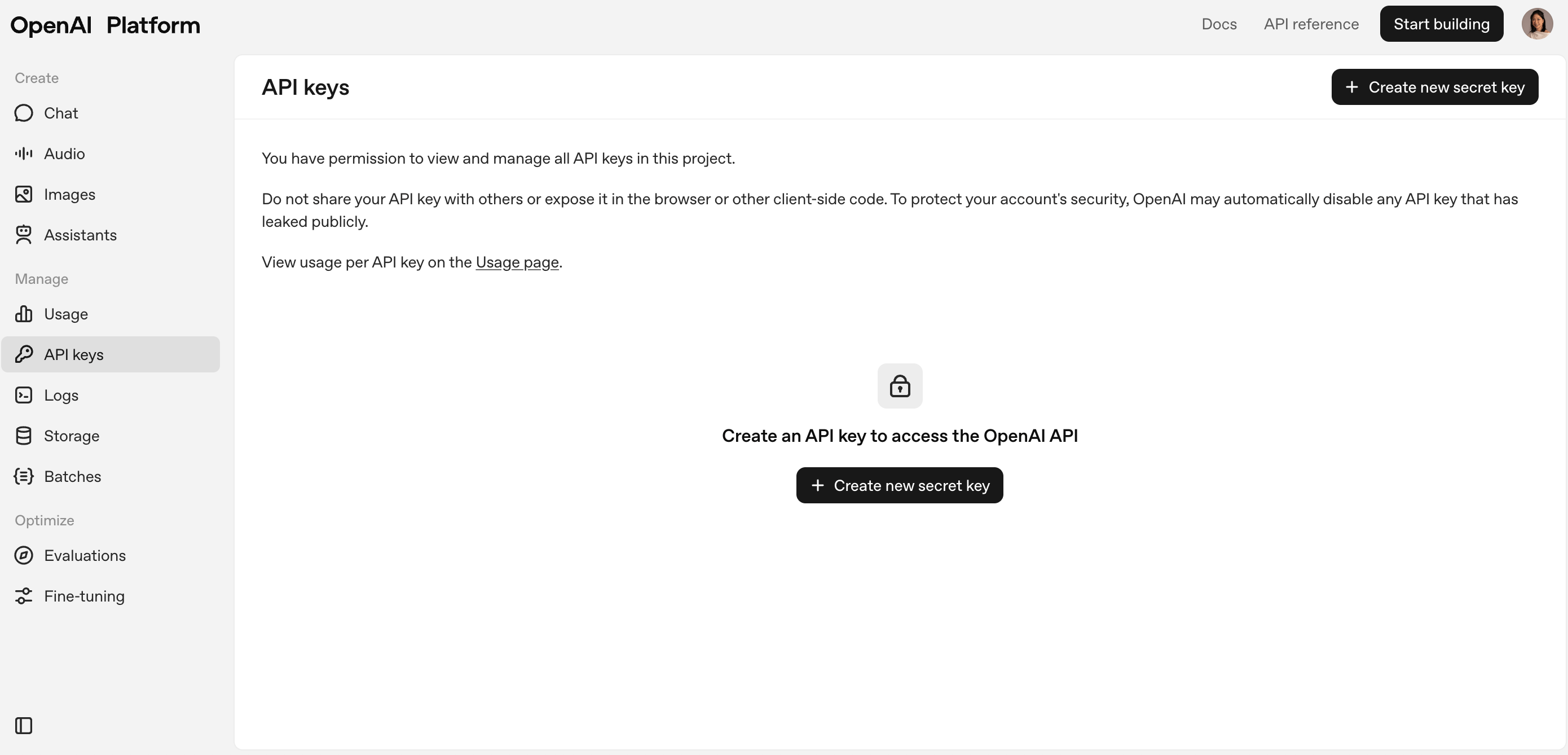 API keys page in the OpenAI platform with no keys yet and a Create new secret key button