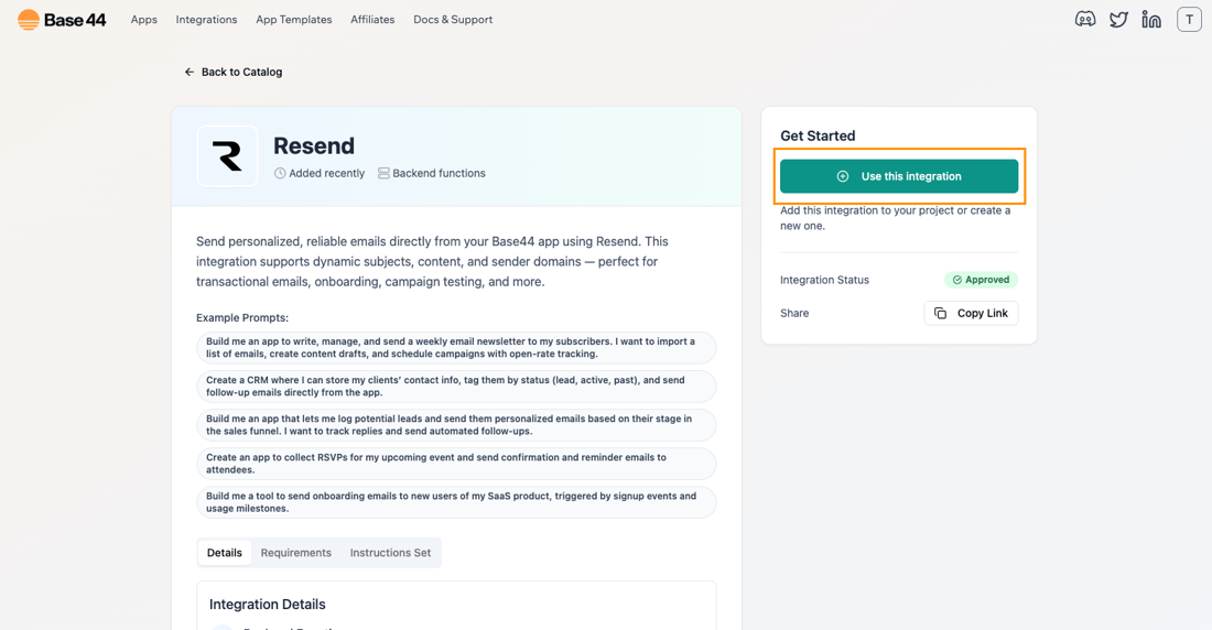 Resend Integration - Base44 Support Documentation